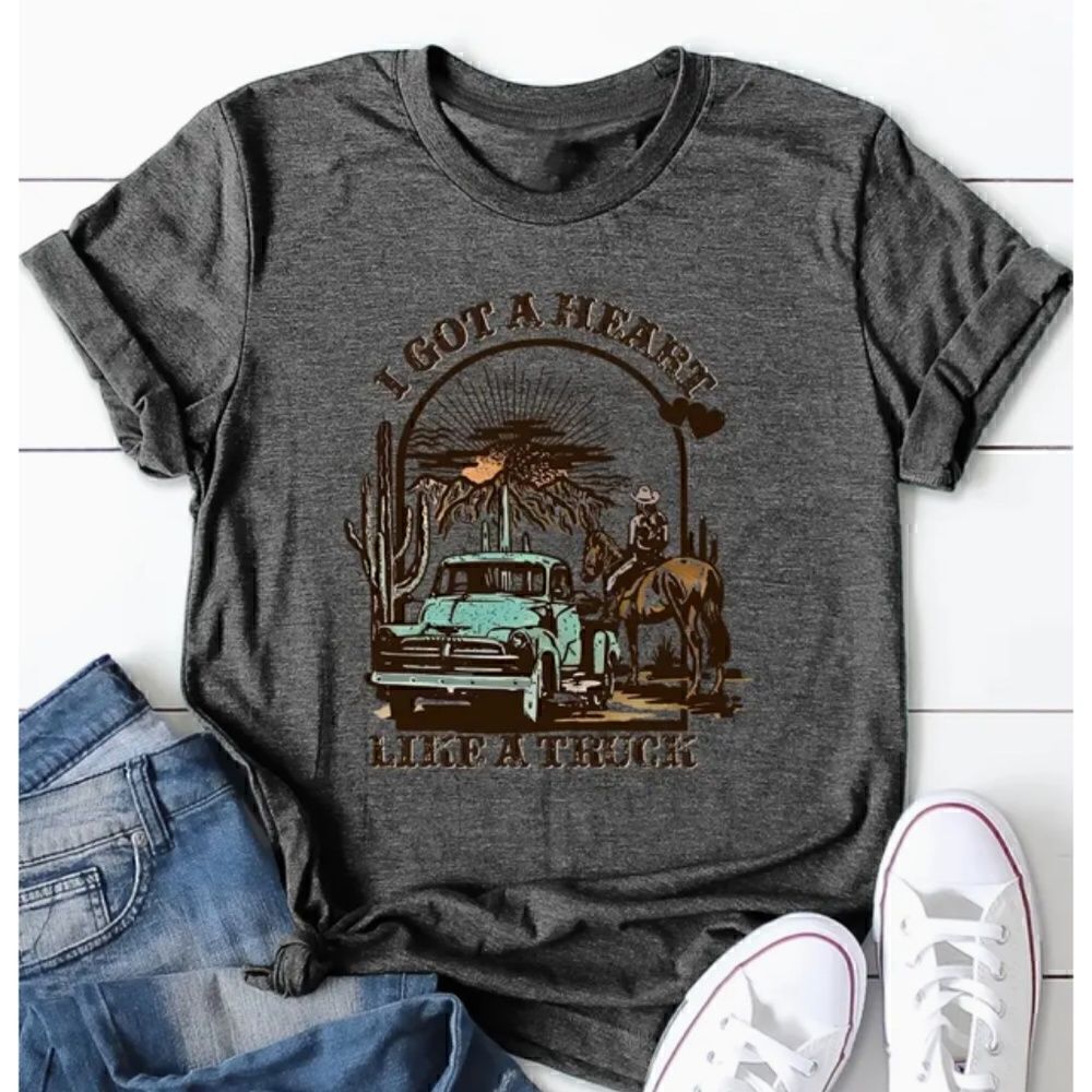 NEW! Trendy Heart Like A Truck Gray Graphic Print T Shirt Women's Country West